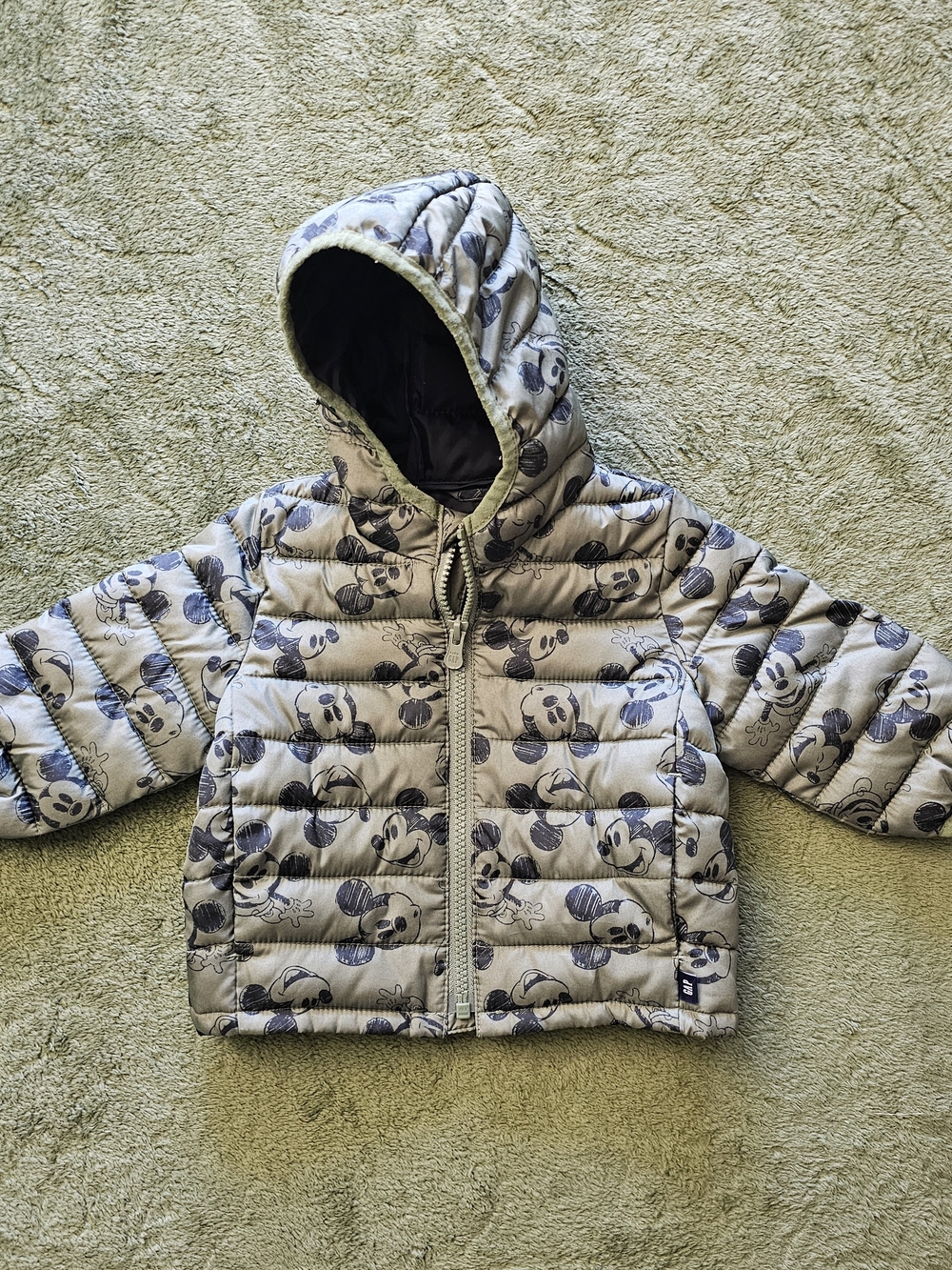 Gap Disney Infant Hooded Puffer Jacket Olive Green Mickey Mouse Print Coat 6-12m